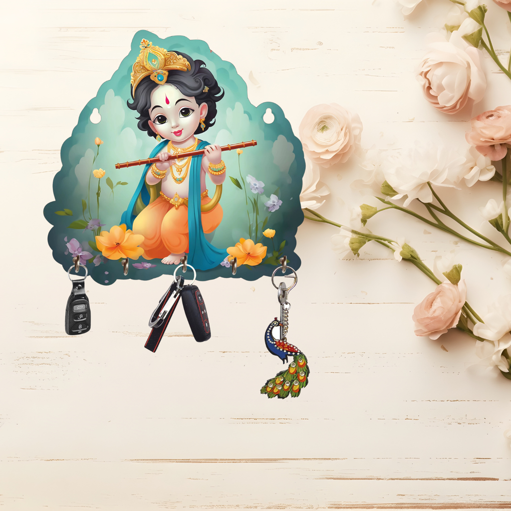 Porte-clés Krishna pour la décoration intérieure, article de décoration intérieure, porte-clés mural, porte-clés en bois pour le bureau (25 cm)