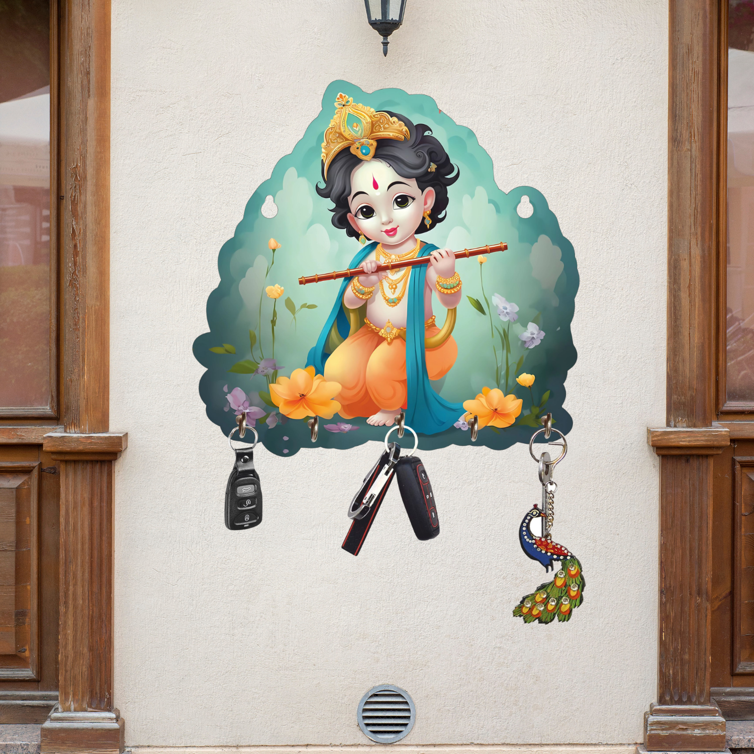 Porte-clés Krishna pour la décoration intérieure, article de décoration intérieure, porte-clés mural, porte-clés en bois pour le bureau (25 cm)