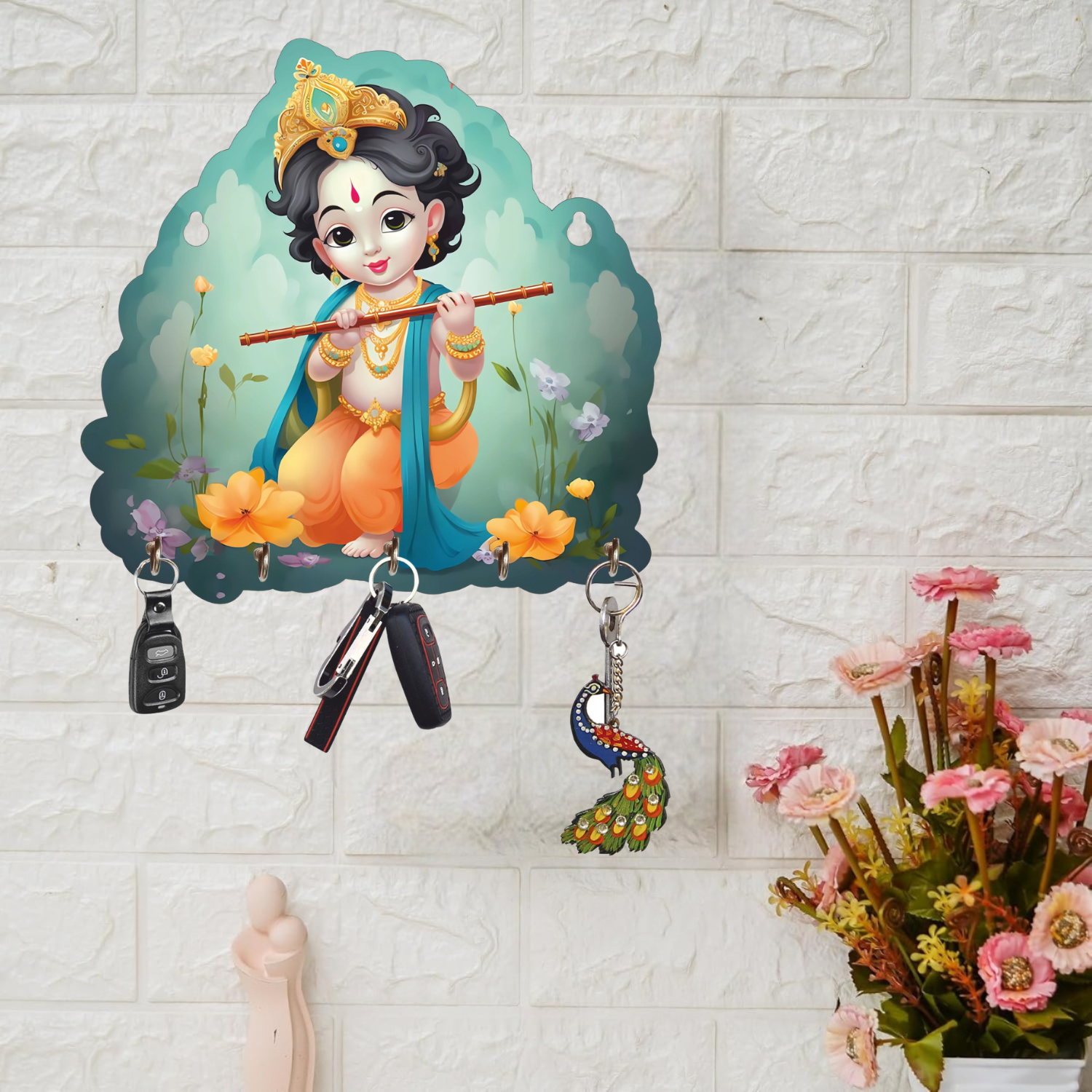 Porte-clés Krishna pour la décoration intérieure, article de décoration intérieure, porte-clés mural, porte-clés en bois pour le bureau (25 cm)