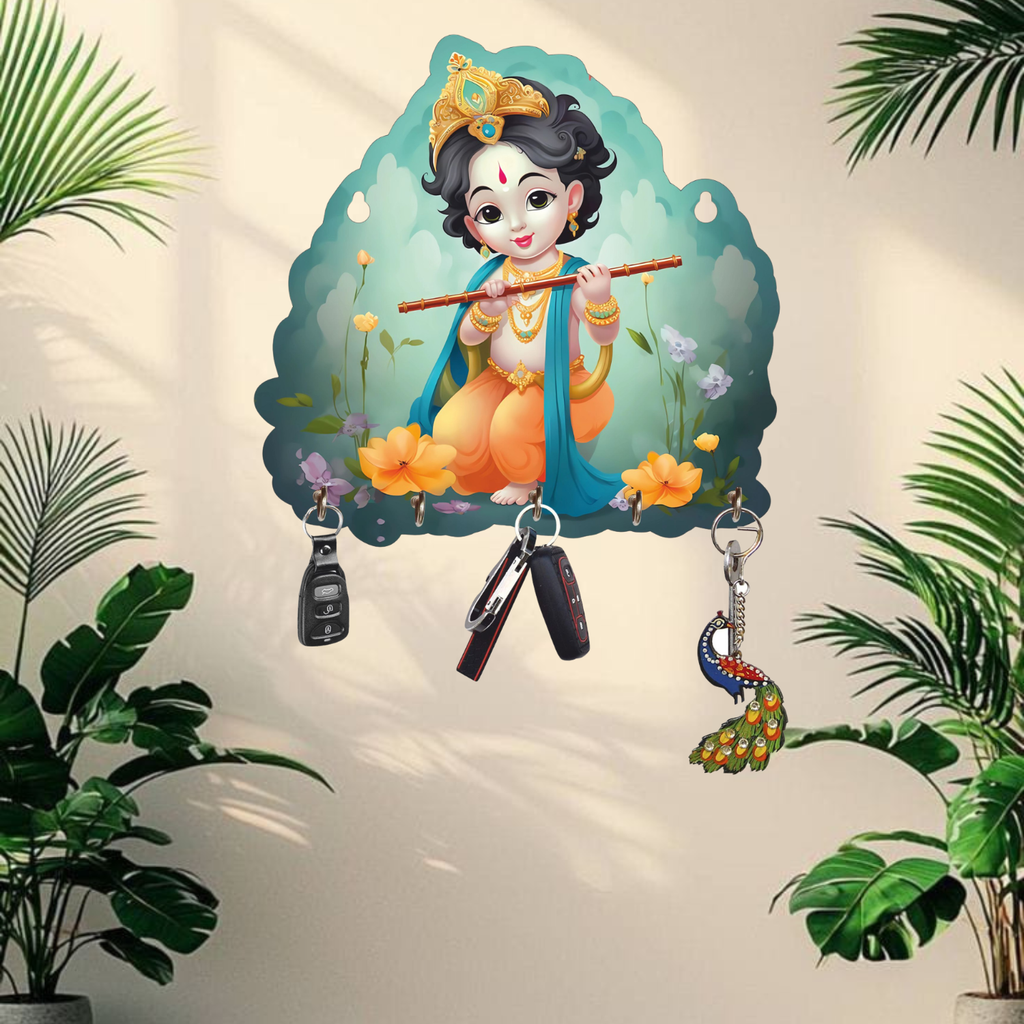 Porte-clés Krishna pour la décoration intérieure, article de décoration intérieure, porte-clés mural, porte-clés en bois pour le bureau (25 cm)