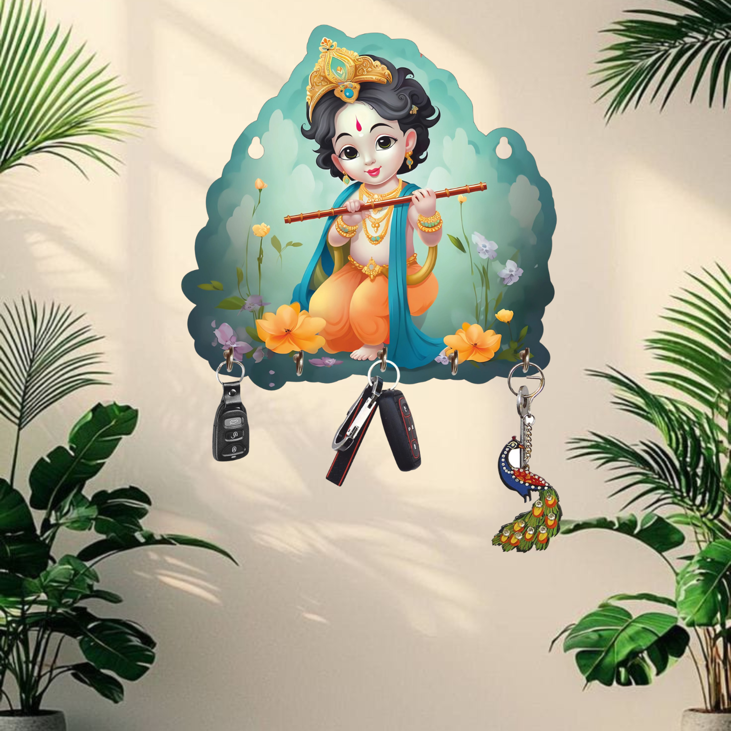 Porte-clés Krishna pour la décoration intérieure, article de décoration intérieure, porte-clés mural, porte-clés en bois pour le bureau (25 cm)