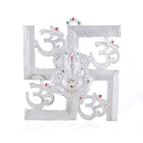 Décoration Murale Seigneur Ganesha sur Swastika avec Om – 22,86 cm (Aluminium, Argent)