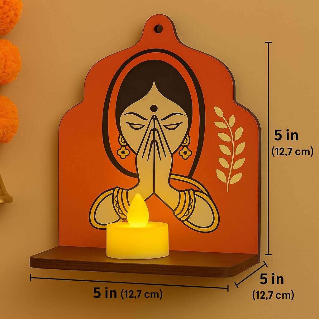 Support mural en bois fait main de qualité supérieure pour bougie Diya – Étagère murale traditionnelle indienne avec motif de femme Namaste pour la décoration de Diwali, bougeoir chauffe-plat () Étagère Murale