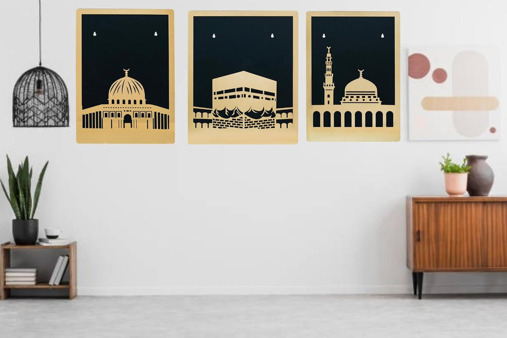 Décoration Murale Islamique Premium en Bois Découpée au Laser, Décoration Murale pour Maison/Bureau, Art Mural Musulman pour Décoration de Salon, Mosquée Al Aqsa, Mosquée An-Nabawi, Mosquée Al Kaaba