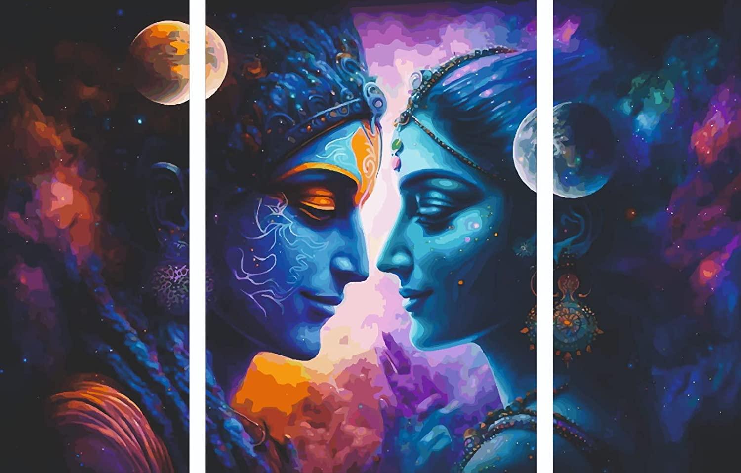 Article cadeau religieux décoratif auto-adhésif en MDF imprimé UV Premium Radha Krishna, Peintures murales en bois Radha Krishna pour la maison et le salon - 22,52 x 15 pouces, Multi