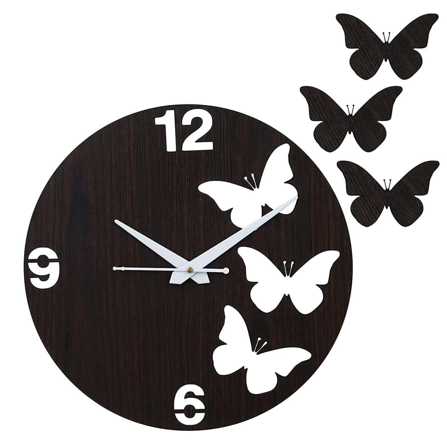 Horloge murale décorative papillons en bois de qualité supérieure pour la maison et le bureau | Horloge murale trois papillons extérieurs pour chambre à coucher, salon | (30 cm, marron)