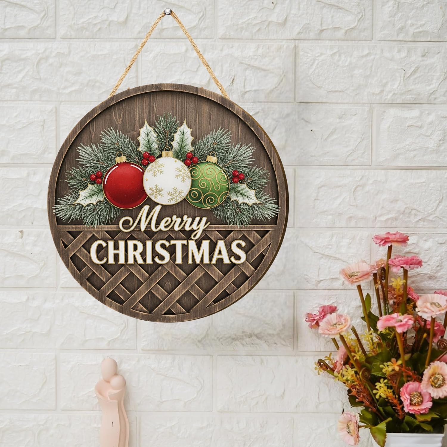 Décoration murale de Noël ronde en bois, panneau rustique « Joyeux Noël » avec ornements, suspension murale (25,4 cm)