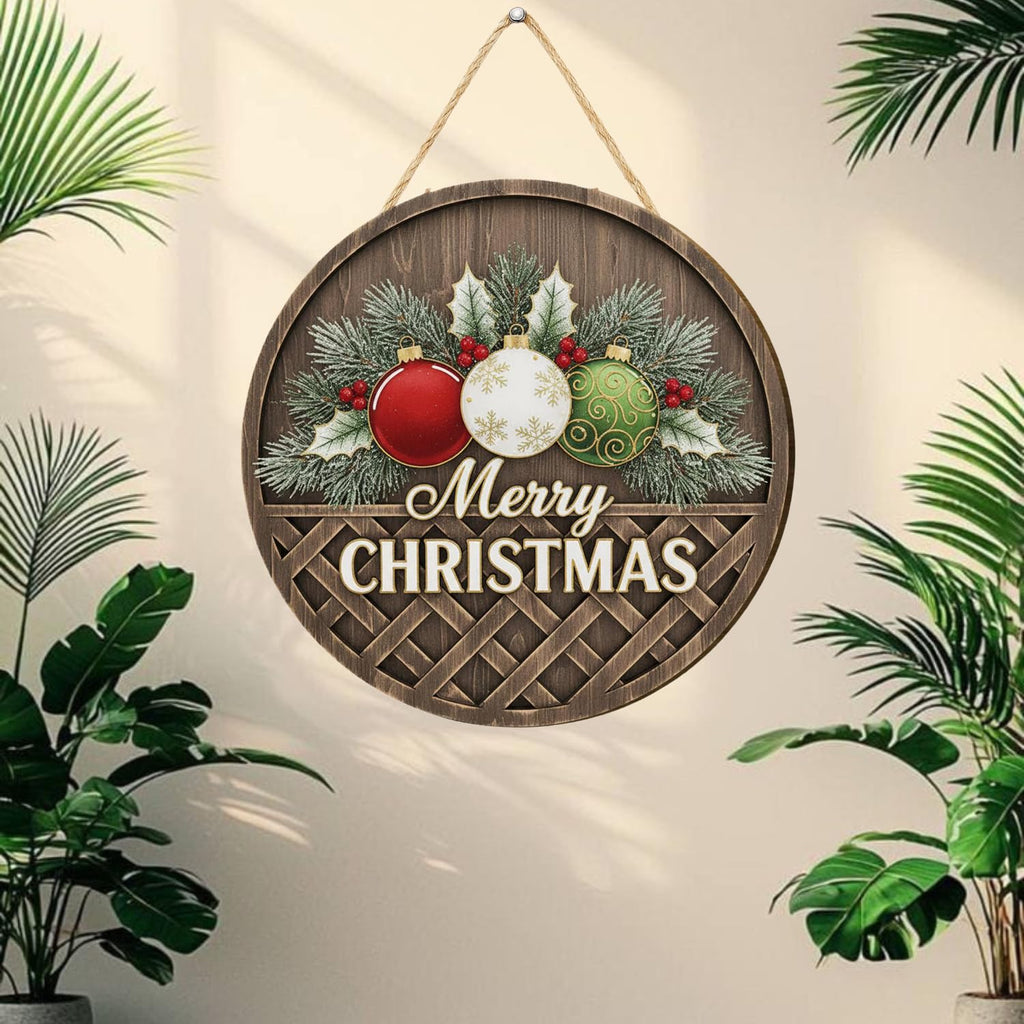Décoration murale de Noël ronde en bois, panneau rustique « Joyeux Noël » avec ornements, suspension murale (25,4 cm)