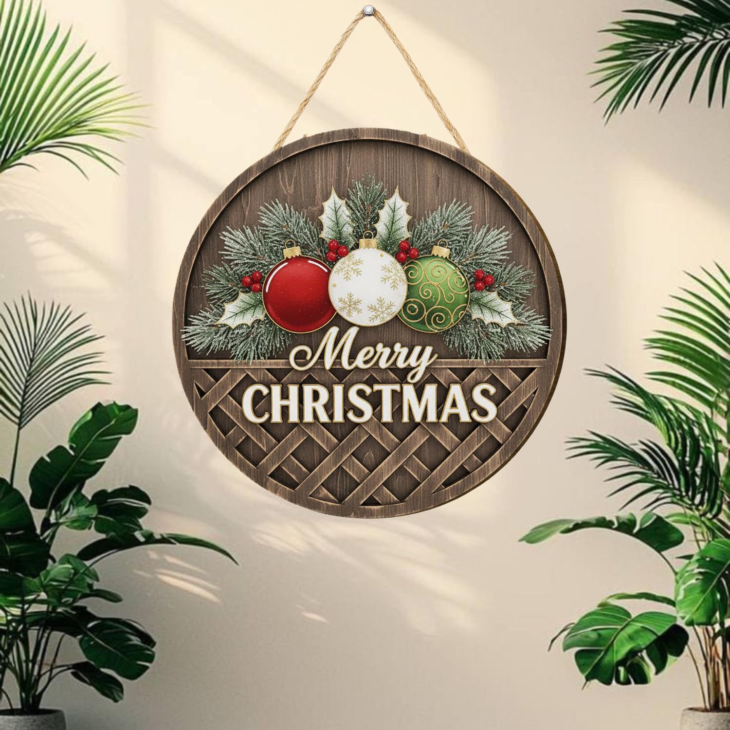 Décoration murale de Noël ronde en bois, panneau rustique « Joyeux Noël » avec ornements, suspension murale (25,4 cm)
