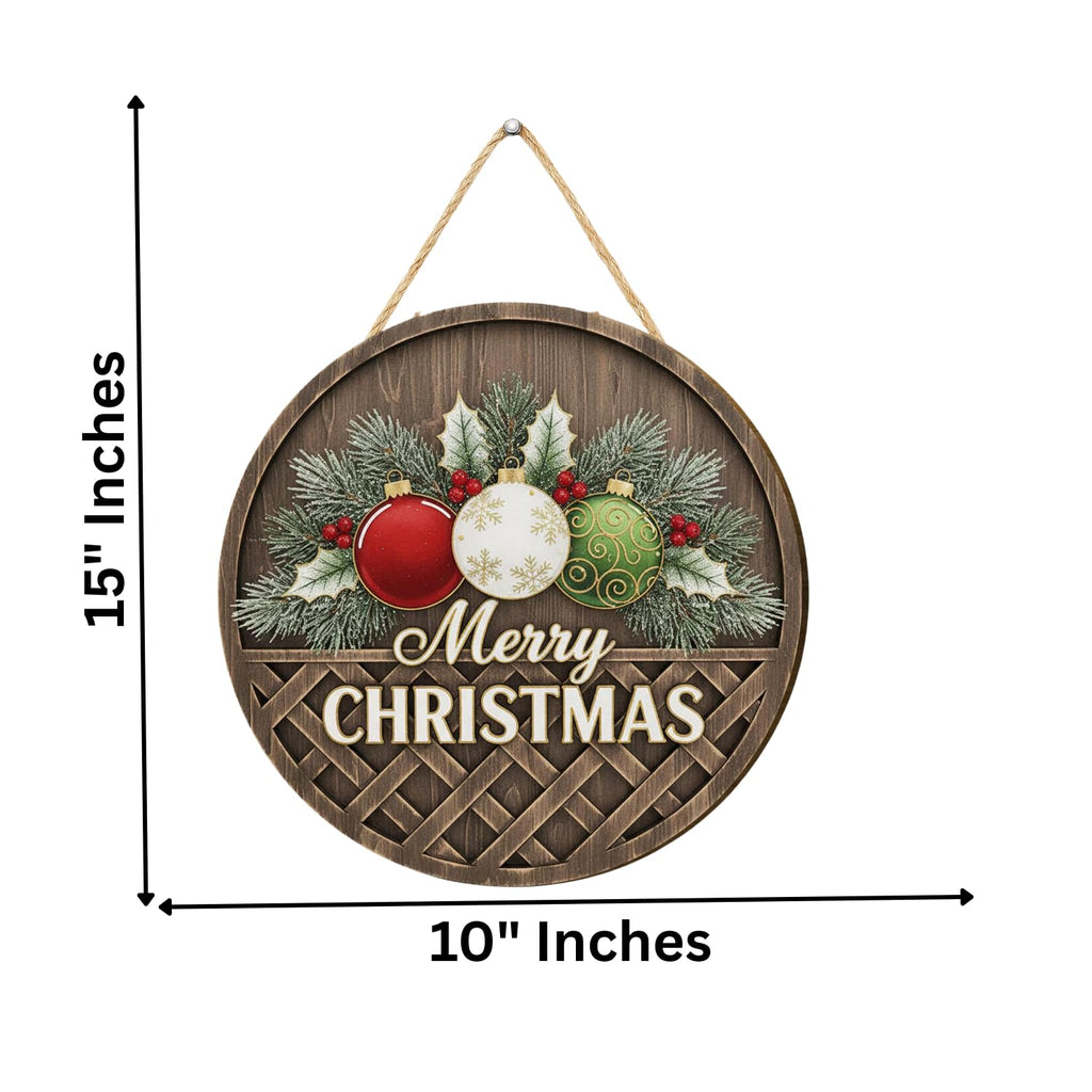 Décoration murale de Noël ronde en bois, panneau rustique « Joyeux Noël » avec ornements, suspension murale (25,4 cm)