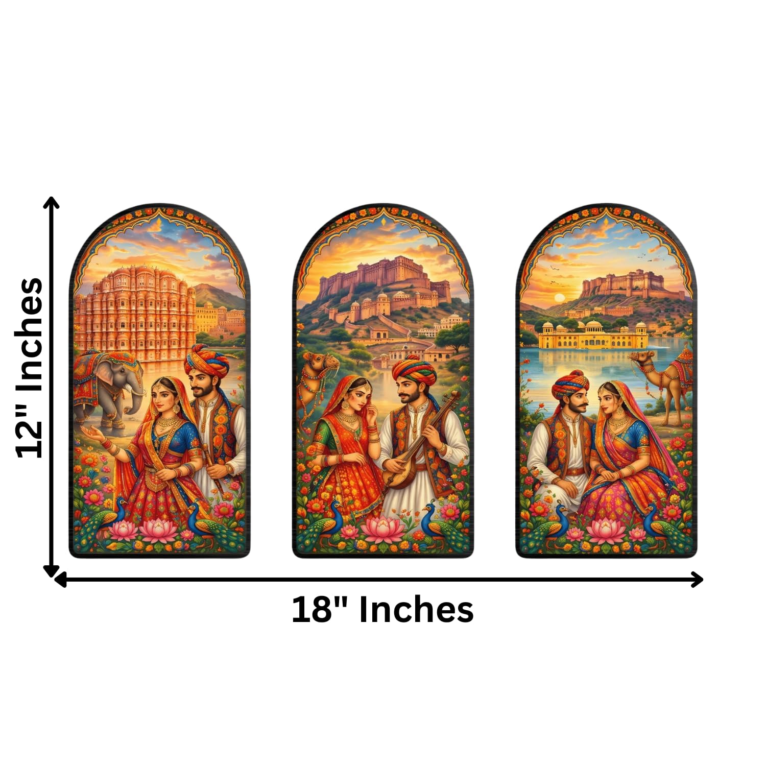 Décor mural premium « couple royal rajasthani » | Fond Hawa Mahal, fort d'Amber et Jal Mahal | Panneaux muraux en bois représentant le patrimoine indien traditionnel pour salon, chambre et bureau (30,5 cm)