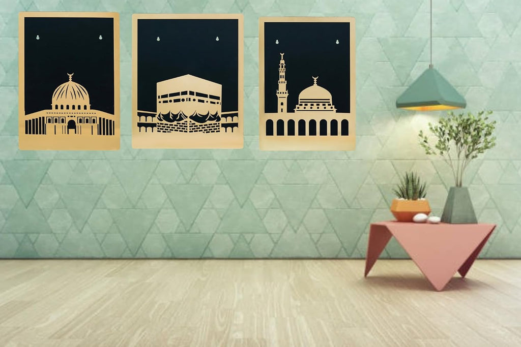 Décoration Murale Islamique Premium en Bois Découpée au Laser, Décoration Murale pour Maison/Bureau, Art Mural Musulman pour Décoration de Salon, Mosquée Al Aqsa, Mosquée An-Nabawi, Mosquée Al Kaaba