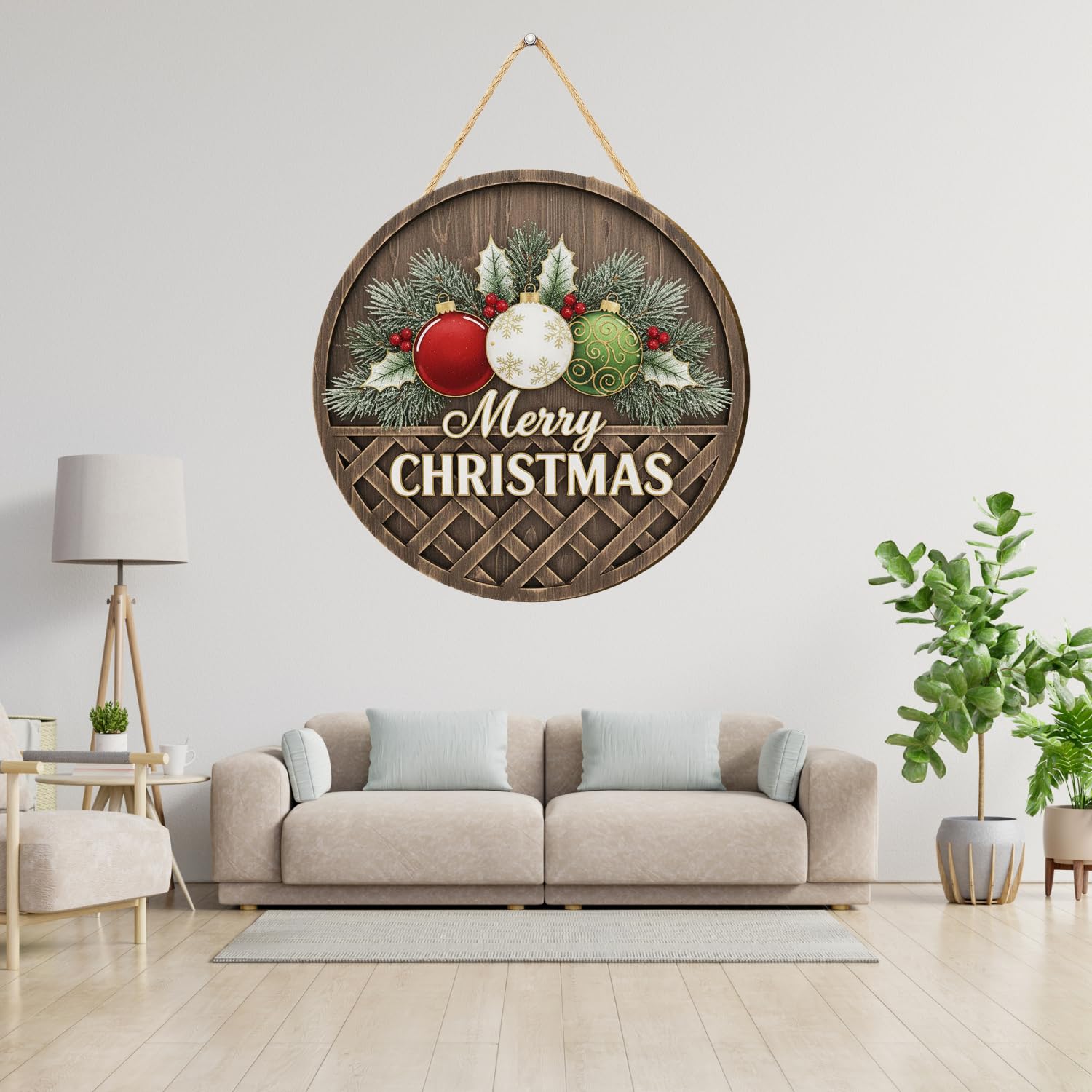 Décoration murale de Noël ronde en bois, panneau rustique « Joyeux Noël » avec ornements, suspension murale (25,4 cm)