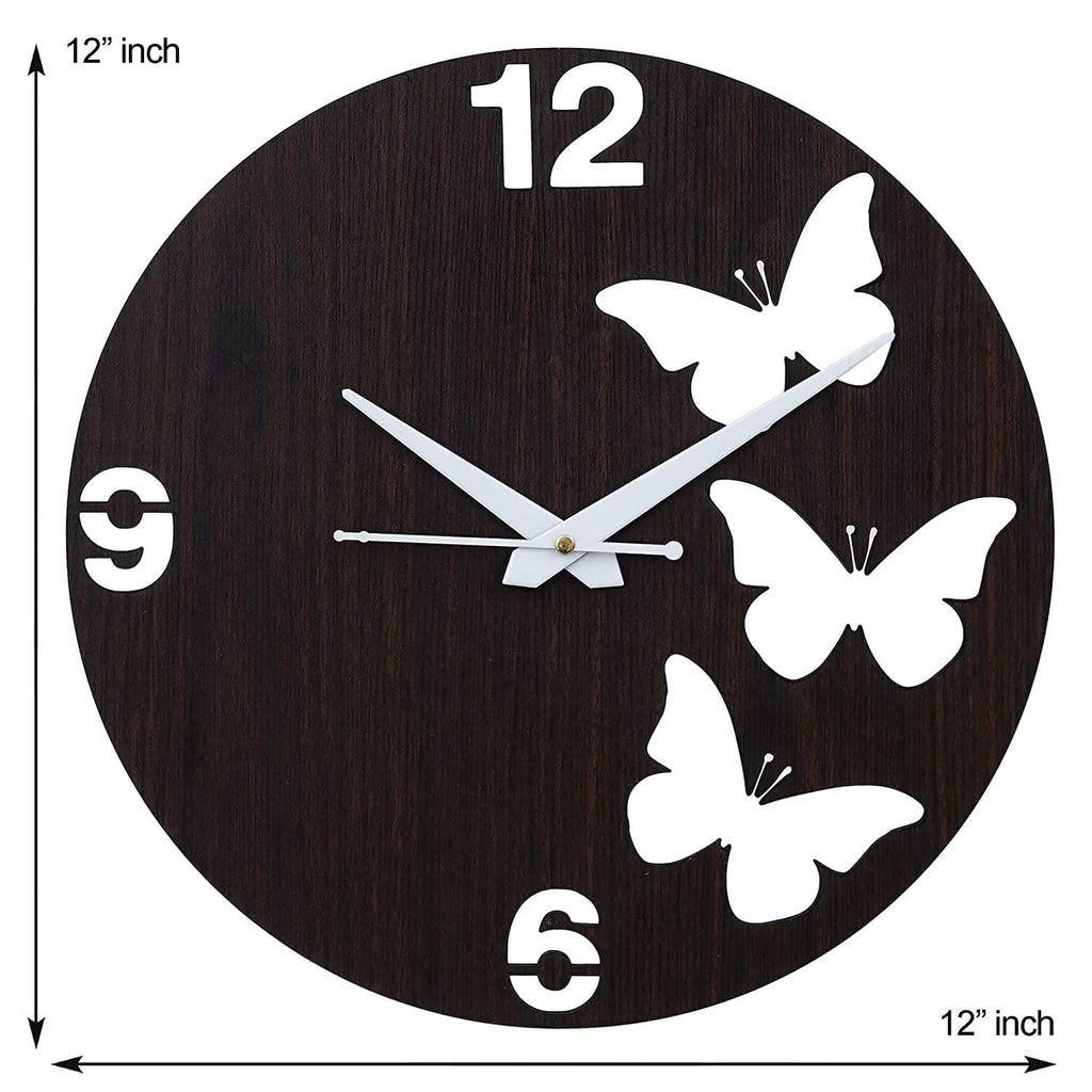 Horloge murale décorative papillons en bois de qualité supérieure pour la maison et le bureau | Horloge murale trois papillons extérieurs pour chambre à coucher, salon | (30 cm, marron)