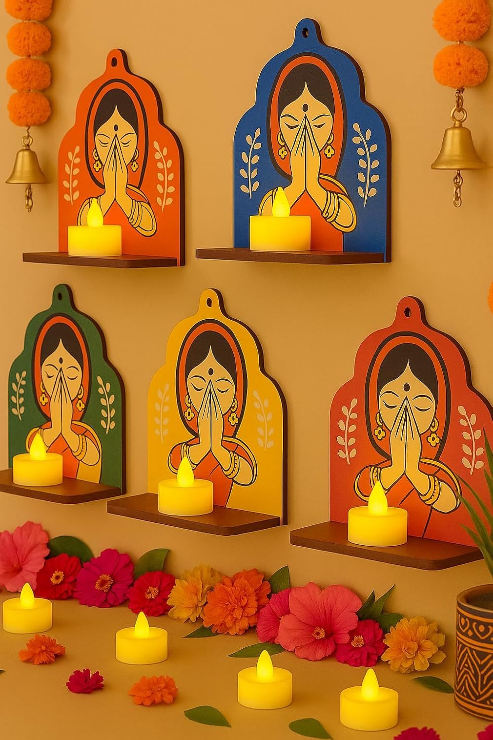Support mural en bois fait main de qualité supérieure pour bougie Diya – Étagère murale traditionnelle indienne avec motif de femme Namaste pour la décoration de Diwali, bougeoir chauffe-plat () Étagère Murale