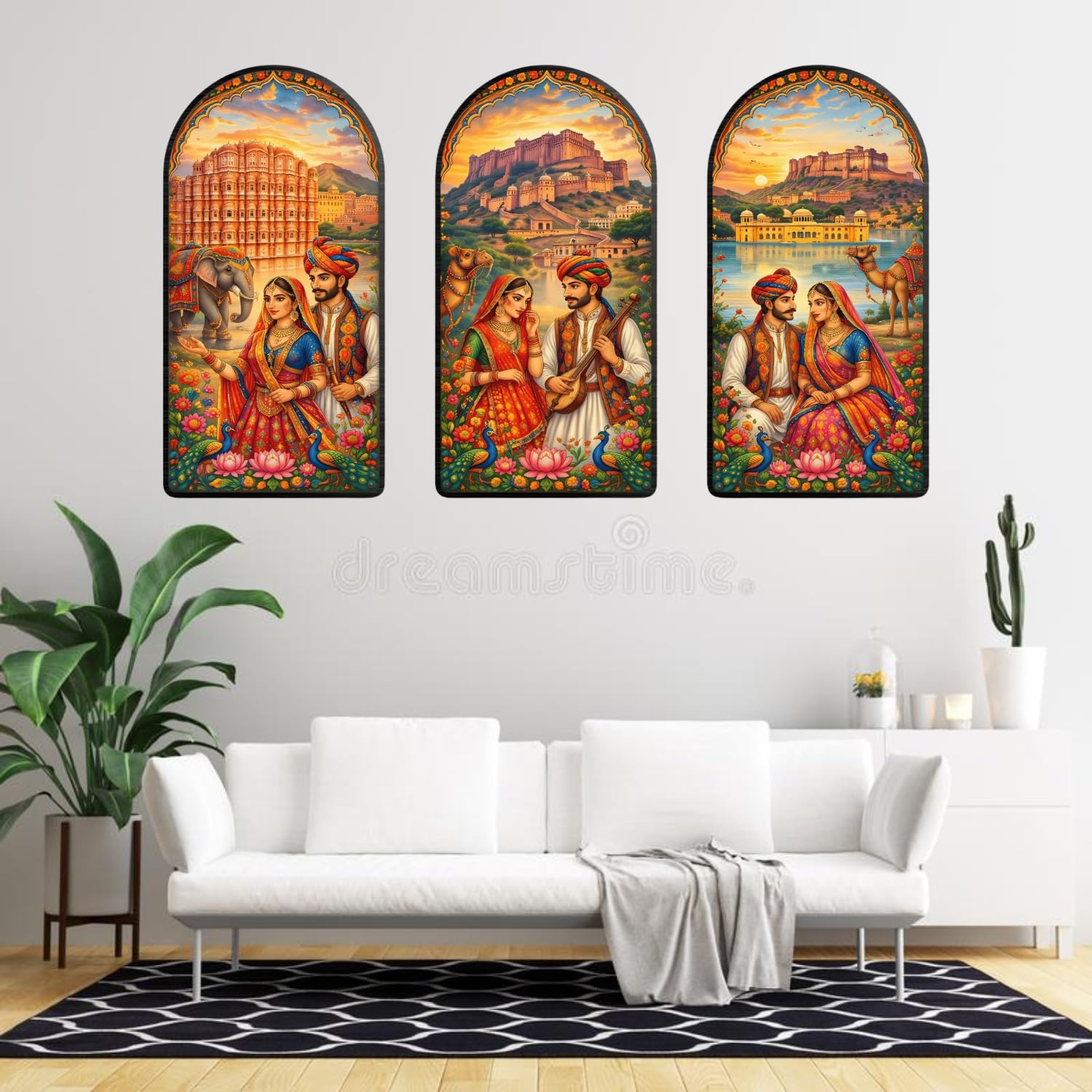 Décor mural premium « couple royal rajasthani » | Fond Hawa Mahal, fort d'Amber et Jal Mahal | Panneaux muraux en bois représentant le patrimoine indien traditionnel pour salon, chambre et bureau (30,5 cm)