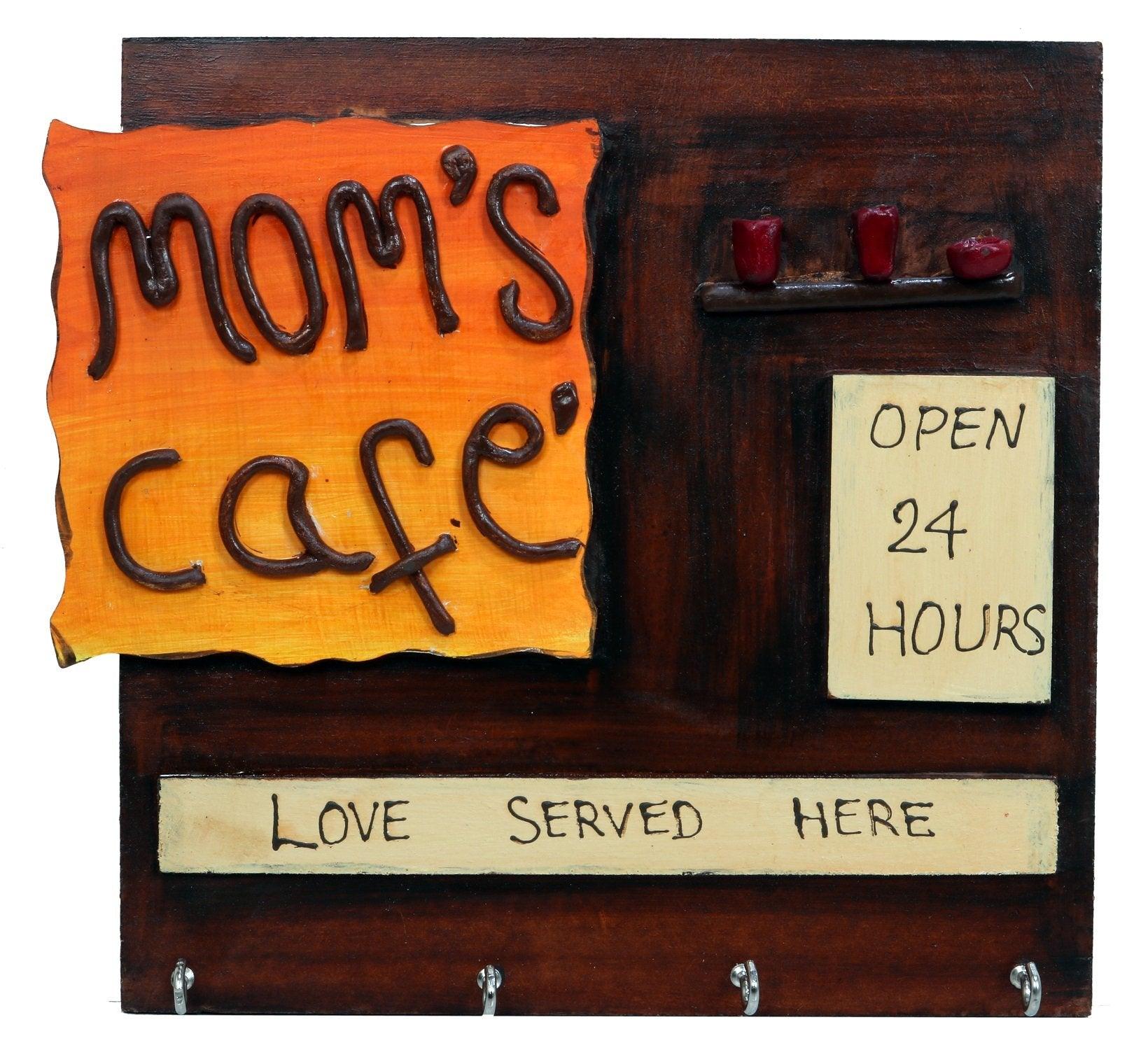 Porte-clés mural en bois « Beautiful Mom's Cafe » | pour la décoration de la cuisine | pour la décoration intérieure (4 crochets, 22,86 cm x 24,13 cm)