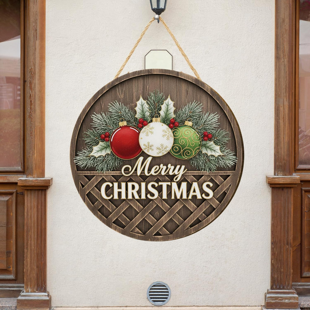 Décoration murale de Noël ronde en bois, panneau rustique « Joyeux Noël » avec ornements, suspension murale (25,4 cm)
