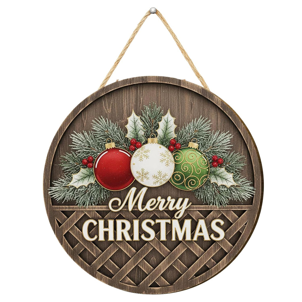 Décoration murale de Noël ronde en bois, panneau rustique « Joyeux Noël » avec ornements, suspension murale (25,4 cm)
