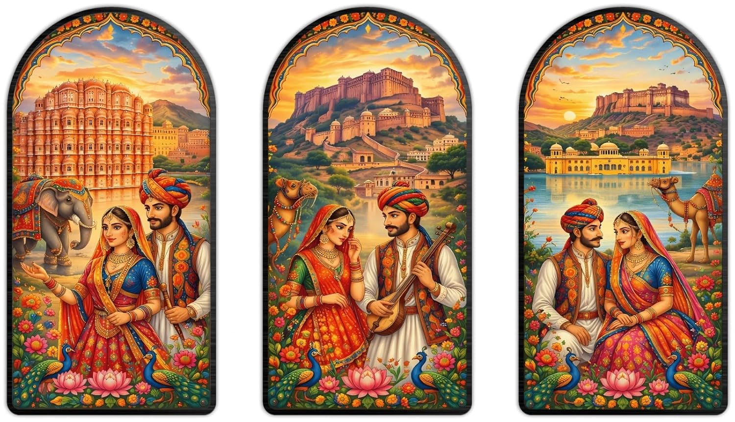 Décor mural premium « couple royal rajasthani » | Fond Hawa Mahal, fort d'Amber et Jal Mahal | Panneaux muraux en bois représentant le patrimoine indien traditionnel pour salon, chambre et bureau (30,5 cm)