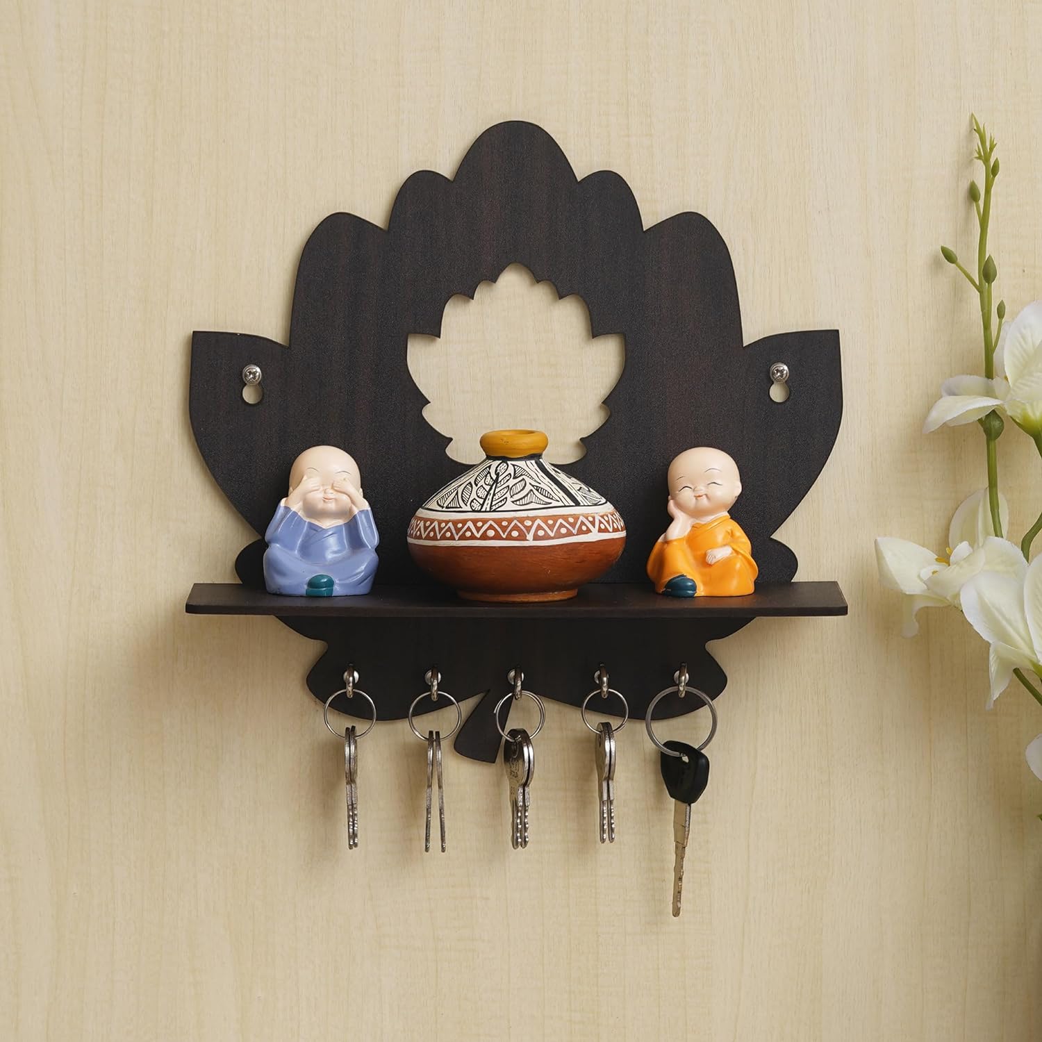 Porte-clés en forme de lotus en bois avec étagère murale, porte-clés avec 5 crochets (couleur bois) Porte-clés pour la décoration de la maison et du bureau (couleur marron)