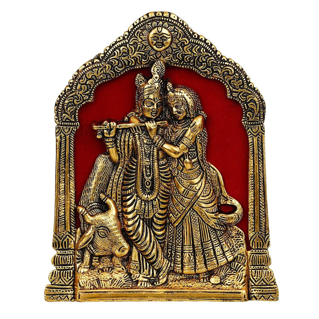 Décoration murale Premium en métal idole Radha Krishna pour la maison et le bureau | Murti Radha Krishna pour la décoration intérieure (17,78 x 20,32 cm, or)