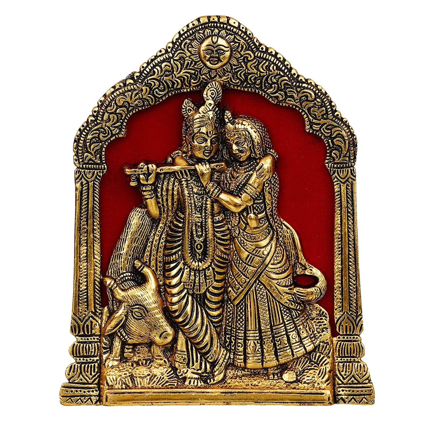 Décoration murale Premium en métal idole Radha Krishna pour la maison et le bureau | Murti Radha Krishna pour la décoration intérieure (17,78 x 20,32 cm, or)