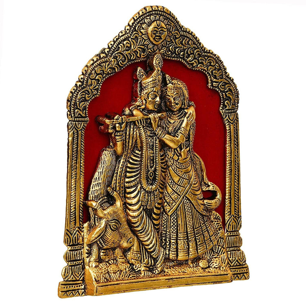 Décoration murale Premium en métal idole Radha Krishna pour la maison et le bureau | Murti Radha Krishna pour la décoration intérieure (17,78 x 20,32 cm, or)