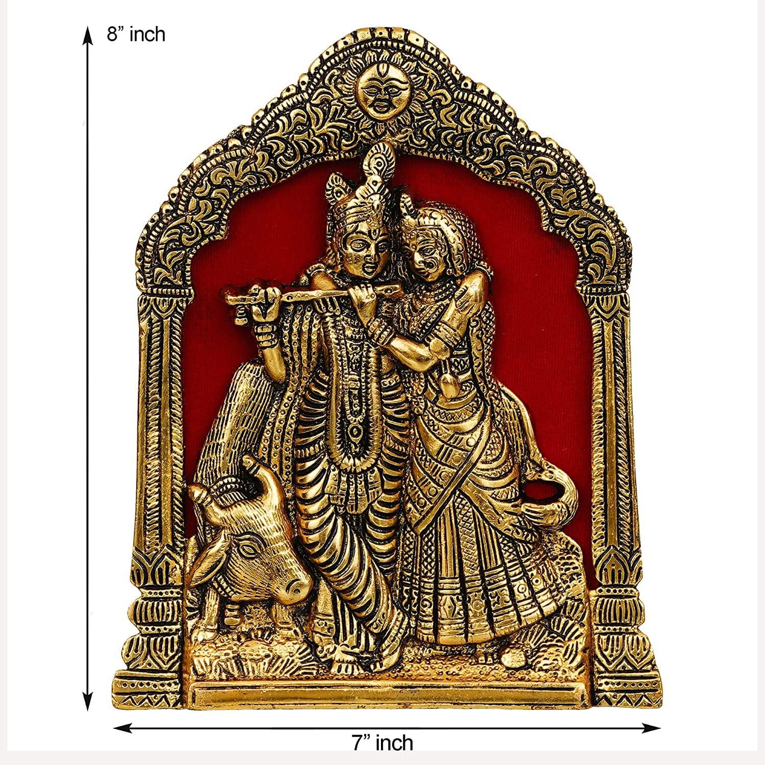 Décoration murale Premium en métal idole Radha Krishna pour la maison et le bureau | Murti Radha Krishna pour la décoration intérieure (17,78 x 20,32 cm, or)