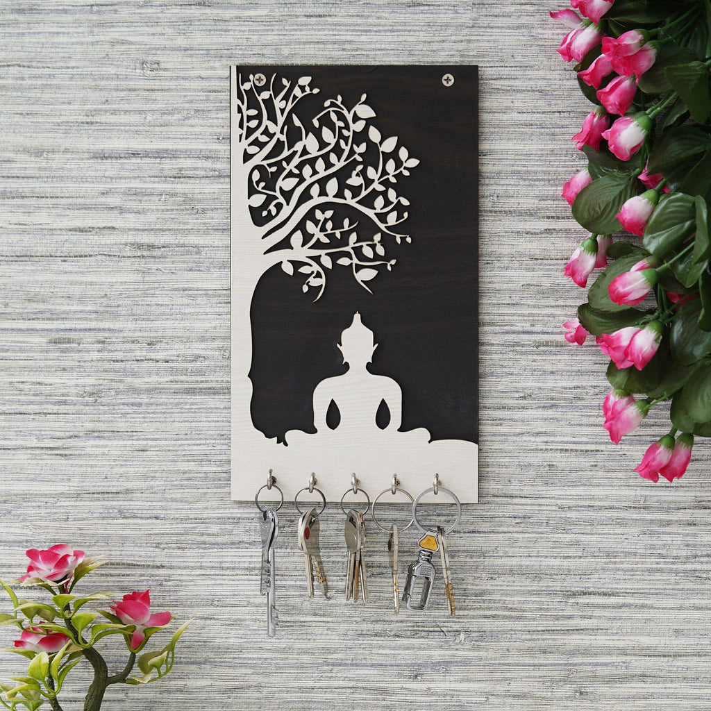 Porte-clés mural haut de gamme en bois Gautam Bouddha pour la décoration de la maison et du bureau | Support pour clés pour la maison | Porte-clés pour la décoration du bureau (10,5 pouces, 5 crochets)