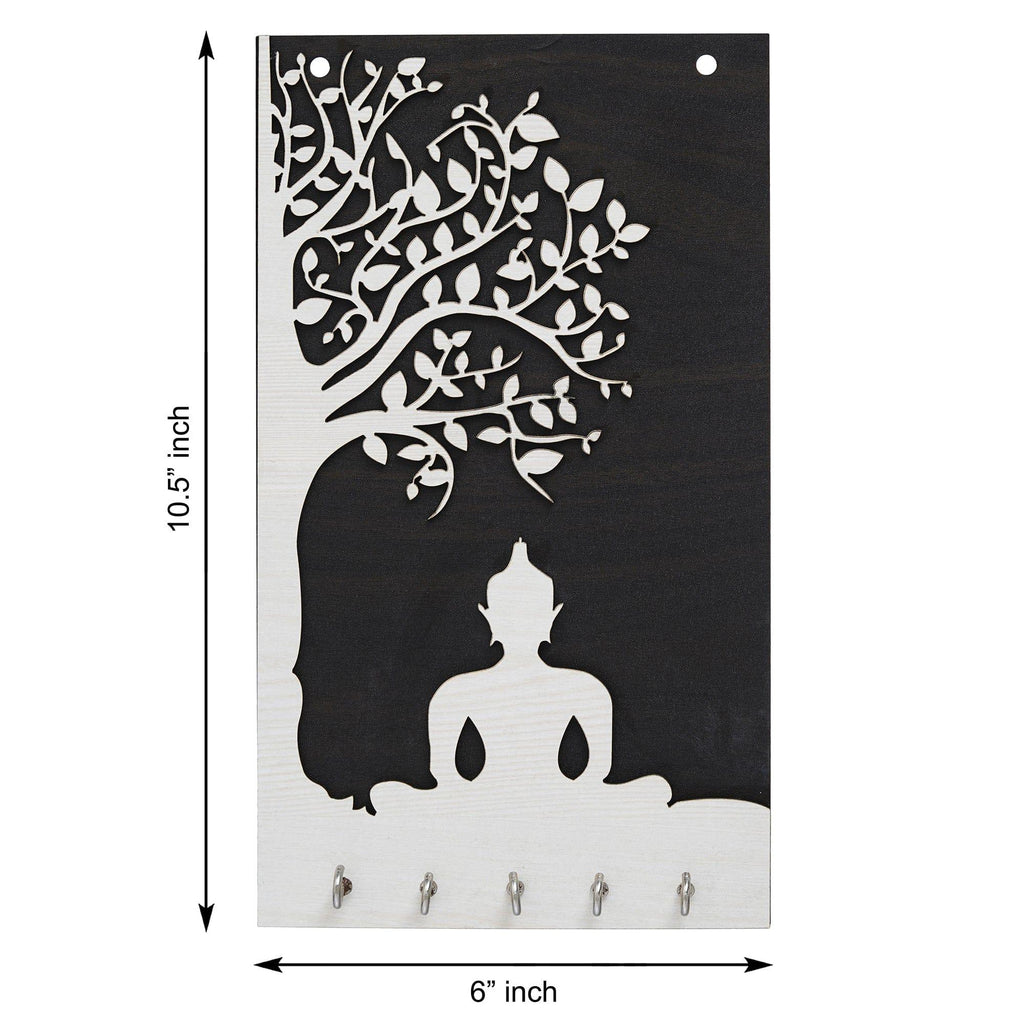 Porte-clés mural haut de gamme en bois Gautam Bouddha pour la décoration de la maison et du bureau | Support pour clés pour la maison | Porte-clés pour la décoration du bureau (10,5 pouces, 5 crochets)