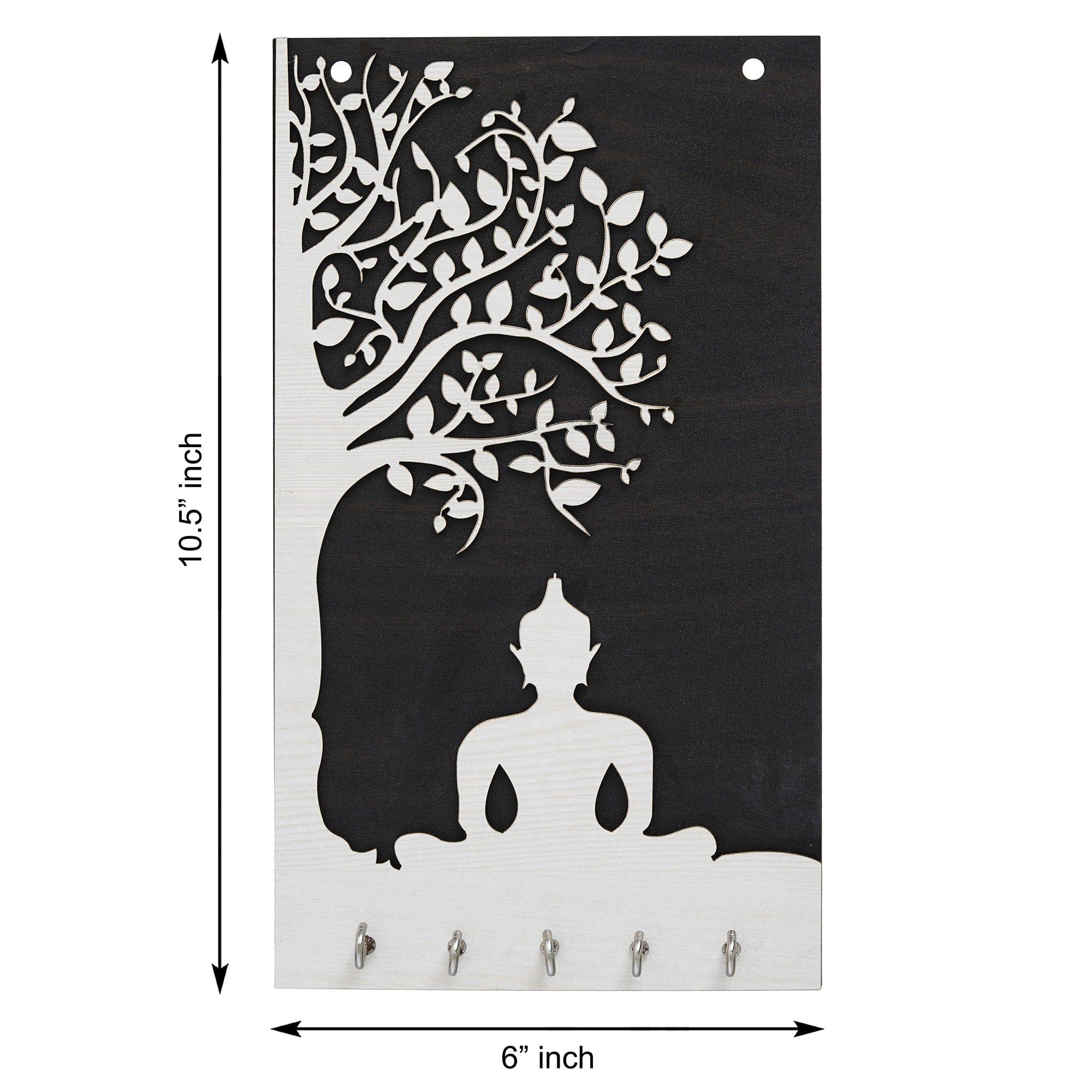 Porte-clés mural haut de gamme en bois Gautam Bouddha pour la décoration de la maison et du bureau | Support pour clés pour la maison | Porte-clés pour la décoration du bureau (10,5 pouces, 5 crochets)
