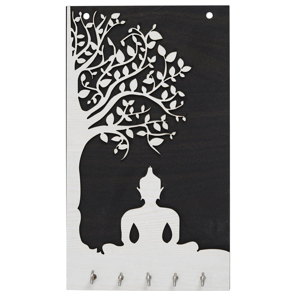 Porte-clés mural haut de gamme en bois Gautam Bouddha pour la décoration de la maison et du bureau | Support pour clés pour la maison | Porte-clés pour la décoration du bureau (10,5 pouces, 5 crochets)