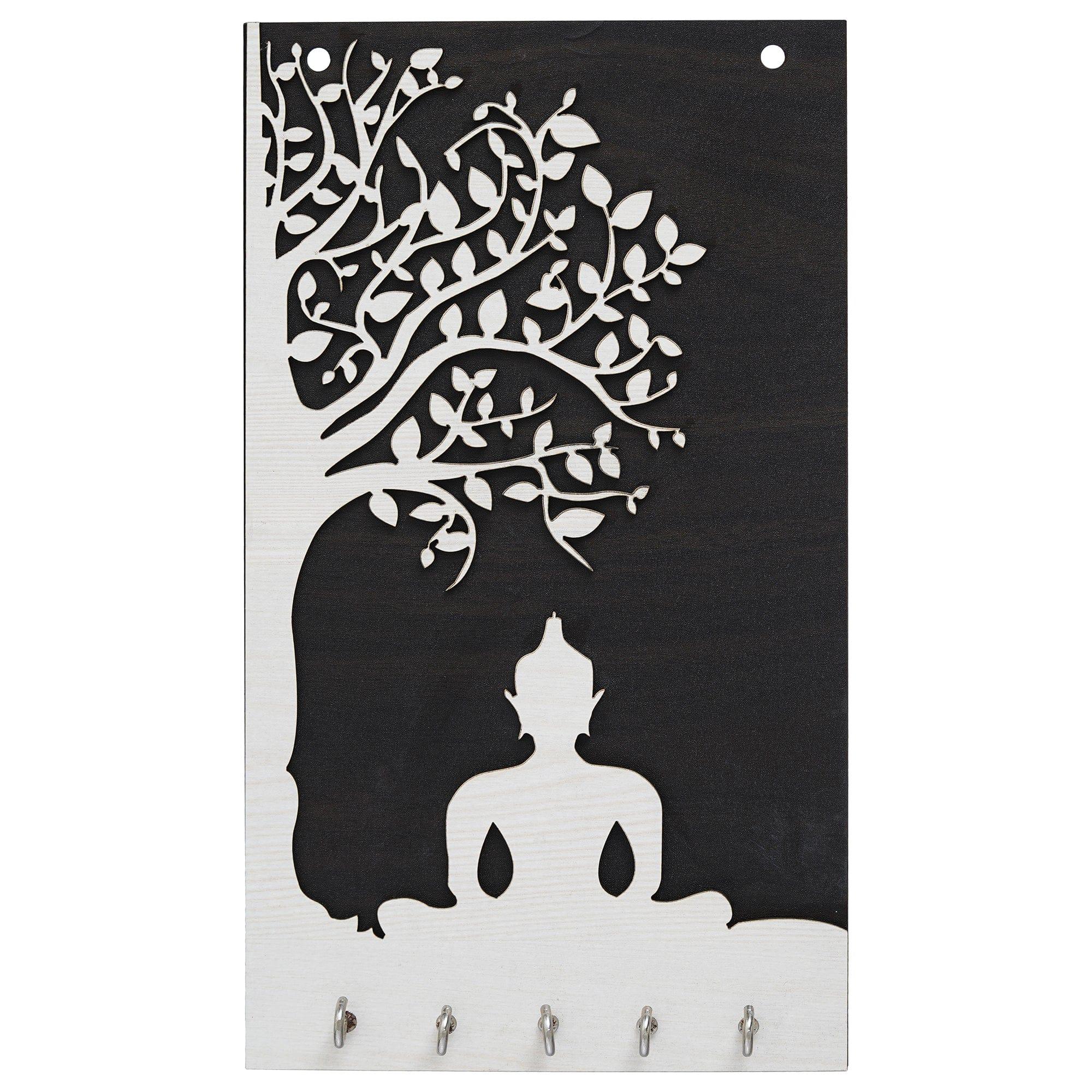Porte-clés mural haut de gamme en bois Gautam Bouddha pour la décoration de la maison et du bureau | Support pour clés pour la maison | Porte-clés pour la décoration du bureau (10,5 pouces, 5 crochets)