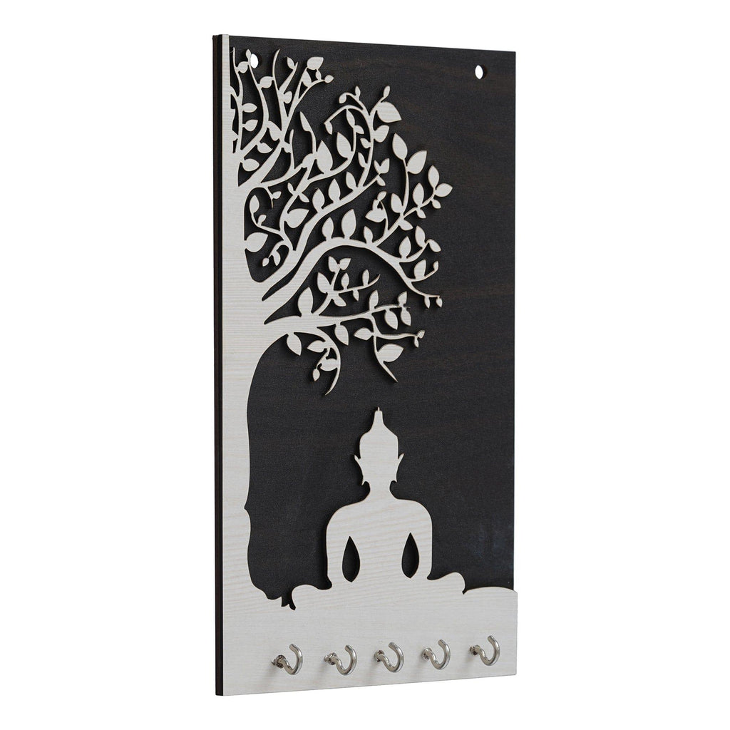 Porte-clés mural haut de gamme en bois Gautam Bouddha pour la décoration de la maison et du bureau | Support pour clés pour la maison | Porte-clés pour la décoration du bureau (10,5 pouces, 5 crochets)