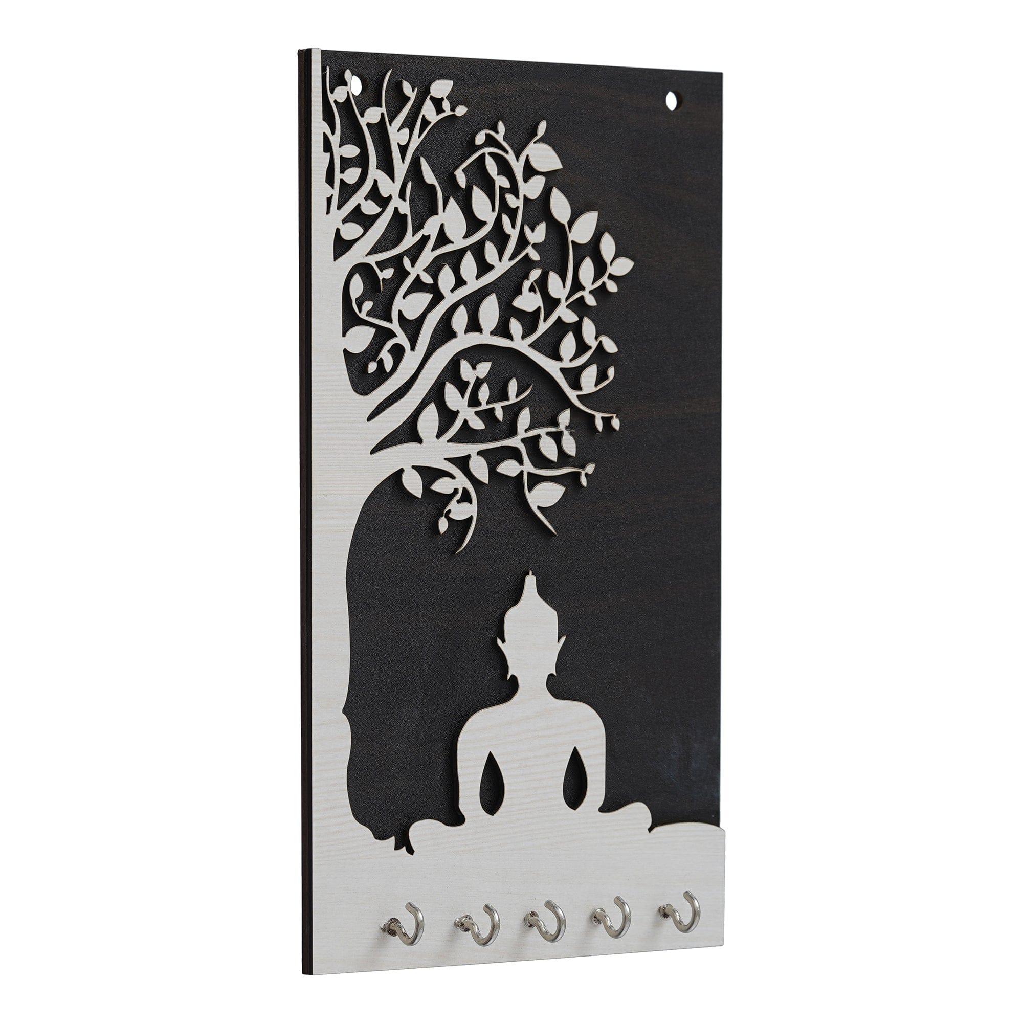 Porte-clés mural haut de gamme en bois Gautam Bouddha pour la décoration de la maison et du bureau | Support pour clés pour la maison | Porte-clés pour la décoration du bureau (10,5 pouces, 5 crochets)