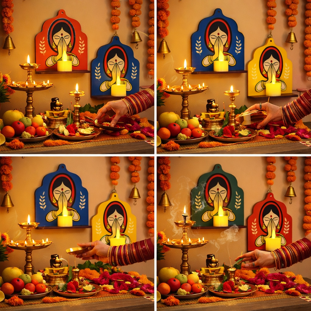 Support mural en bois fait main de qualité supérieure pour bougie Diya – Étagère murale traditionnelle indienne avec motif de femme Namaste pour la décoration de Diwali, bougeoir chauffe-plat () Étagère Murale