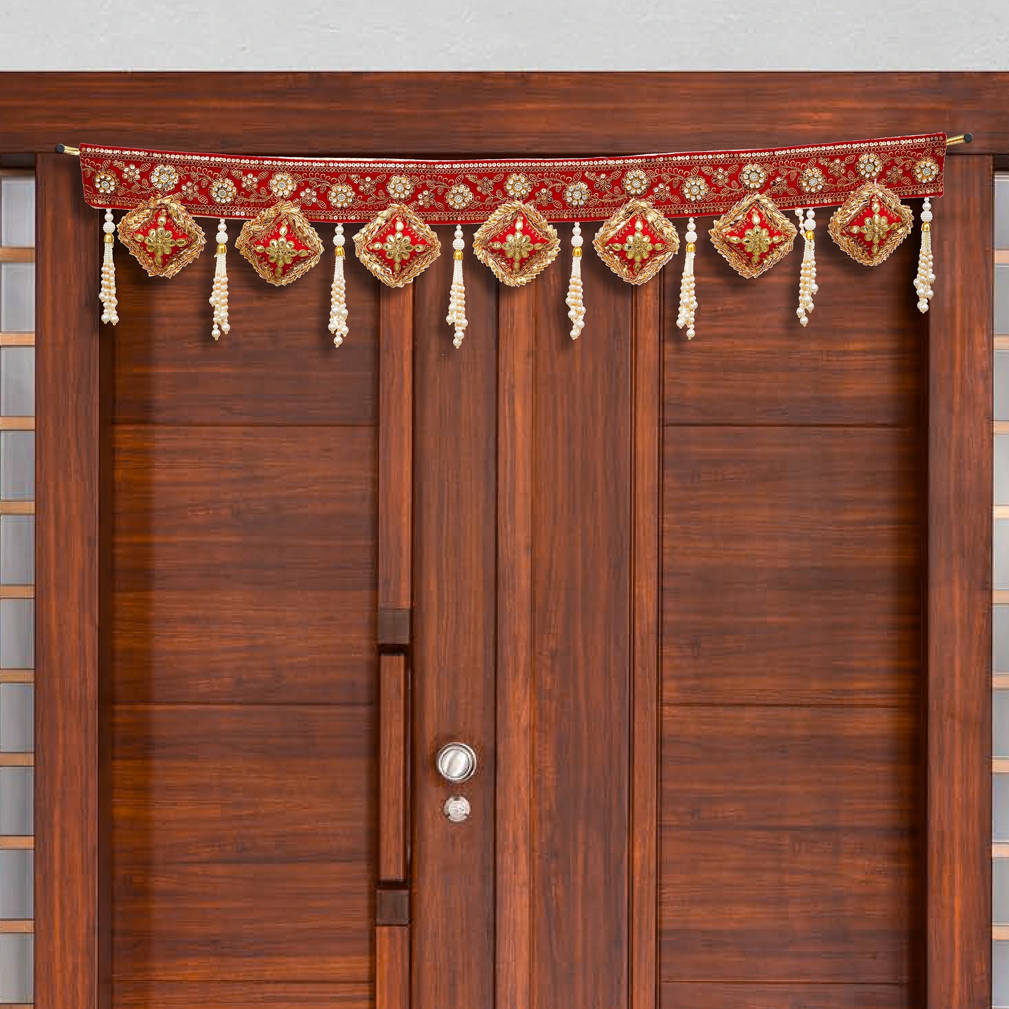 Décoration de porte/Bandarwal/Toran faite à la main de qualité supérieure, Bandarwal traditionnel à fleurs Gota pour porte, longueur 37 pouces, décor de Diwali multicolore (37 pouces)